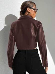 Muchica 女式纯色春/秋实用口袋长袖 PU 皮革短夹克 - 棕色 - 查看 2
