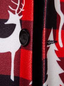 Manfinity Homme Abrigo largo de lana con estampado a cuadros y de ciervos de manga larga informal para hombres, abrigo de lana de largo medio con tema navideño a cuadros rojos y negros para otoño/invierno, ropa de otoño para hombres, abrigo tipo trinchera para hombres