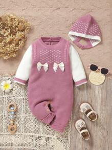 Baby Girl 2pcs/Set Dreamy Pink Sweater Jumpsuit With Elegant Crew Neck Long Sleeves, Fashionable 2 In 1 Design Winter Clothes With Bow Decor, Comfortable Long Jumpsuit With Matching Hat For Cute Outfit
