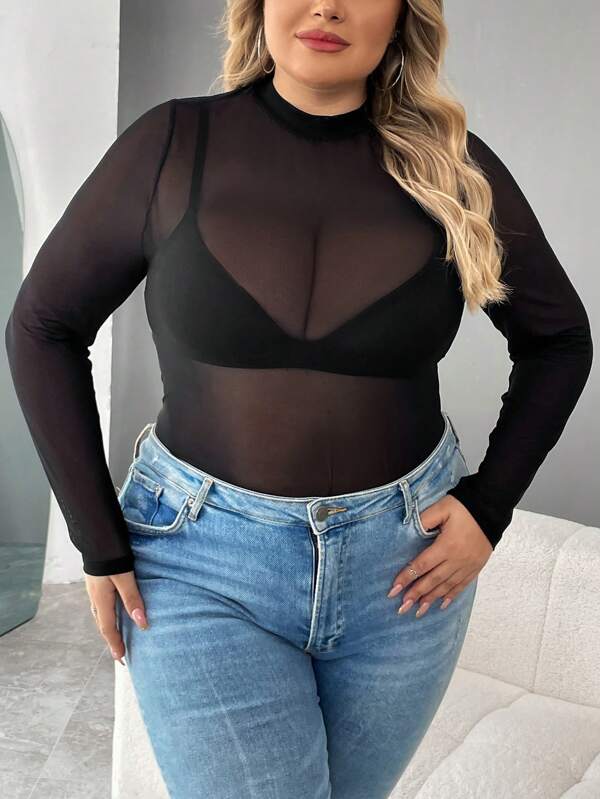 SHEIN CURVE+ Parte superior transparente de malla con cuello alto simulado, sin tubo, para talla grande de invierno