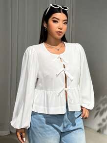 SHEIN EZwear Áo cánh tay đèn lồng màu trắng cỡ lớn cho nữ mùa xuân và mùa hè có dây buộc phía trước và viền xếp nếp - trắng - Xem 3