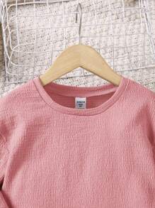 SHEIN Leap Crew 2 件套年轻女孩休闲针织拼布圆领长袖衬衫和长裤套装 - 粉色 - 查看 7