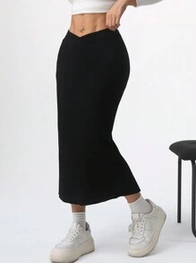 SHEIN EZwear Saia suéter feminina casual de malha preta com bainha dividida - Preto - Ver 5