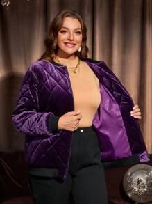 EMERY ROSE Áo khoác nhung kẻ cho nữ cỡ lớn có khóa kéo kim cương chần bông có đệm, Quần áo mùa thu cho nữ, Quần áo mùa đông cho nữ - Màu tím  Violet - Xem 7