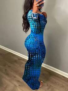 SHEIN Slayr 女式 V 领长袖超长修身印花连衣裙 - 藍色 - 查看 2