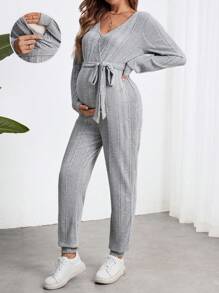 SHEIN Enterizo de manga larga de unicolor minimalista con cordón para embarazada, invierno - Gris - Ver 3