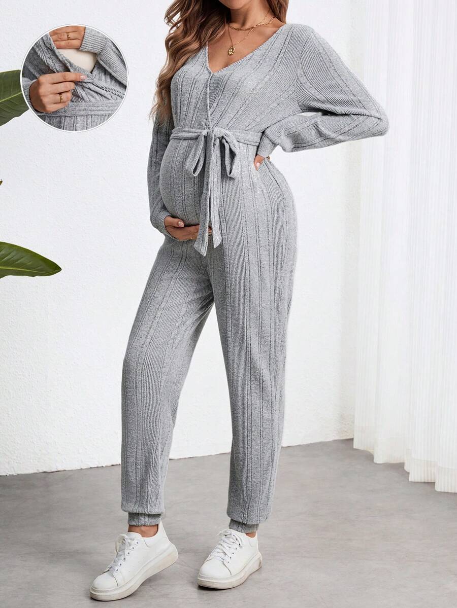 SHEIN Maternity Solid Color Minimalist Drawstring Long Sleeve Jumpsuit
