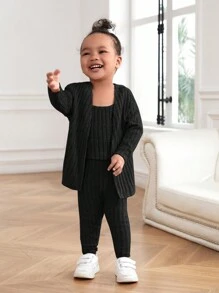 SHEIN 3pcs Baby Girl Set: Grey Knit Cardigan, Top & Pants
