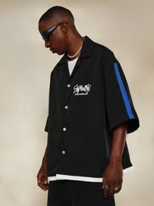 SUMWON Boxy Fit Revere Collar Shirt With Contrast Sleeve Print And Small Graphic Print - Black - View 1