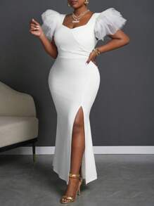 Slaydiva Elegant White V-Neck High Slit Dress With Mesh Sleeve Detail, Evening Gown - Plus Size - White - View 5