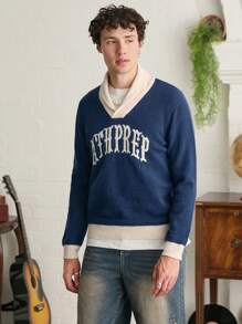 Manfinity VCAY Men V-Neck Letter Printed Long Sleeve Pullover Sweater