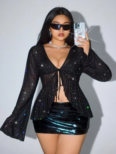 SHEIN ICON Plus Size Sexy V-Neck Tie-Front Sequin Sheer Mesh Flared Sleeve Blouse