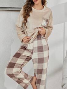 Women's 2 Pieces Teddy Bear Embroidered Top Plaid Pants Flannel Fluffy Pajamas, Fall Winter Clothes