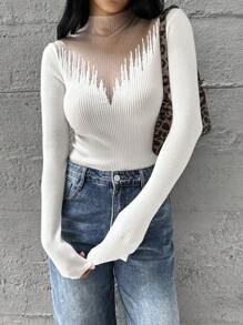SHEIN Essnce 2024 Autumn Winter New Sheer Mock Neck Slim Fitted Knit Top For Women
