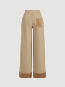 SHEIN MOD 卡其色蓬松卷边直筒裤，冬季女款 - 卡其色 - 查看 2