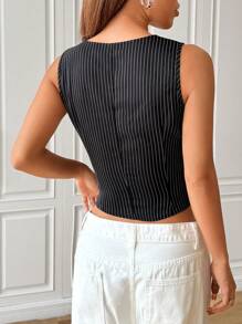 SHEIN EZwear Camiseta ajustada sin mangas de mujer con volantes y lazada al frente a rayas - Multicolor - Ver 2