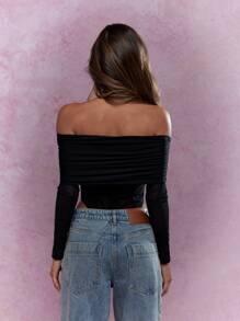 MISSGUIDED Mesh Ruched Off-Shoulder Long Sleeves High Leg Bardot Bodysuit - Black - View 2