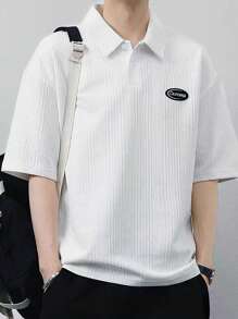 Manfinity Homme 男士休闲字母刺绣 Polo 衫，夏季 - 白色 - 查看 3