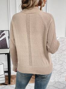 Chiquease Plain Stand Collar Long Sleeve Pullover Sweater, Knit Pullover Fall Winter - Khaki - View 2