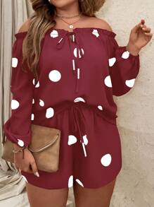 SHEIN LUNE 2 件套大码波尔卡圆点印花露肩扭纹衬衫和短裤休闲套装 - 酒紅色 - 查看 4