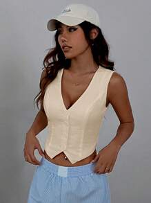 Muchica Button Front Vest Blazer - Apricot - View 5