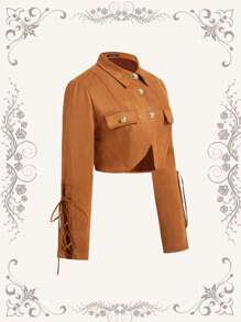 SHEIN MOD Áo khoác da lộn ngắn có dây buộc kiểu du mục Plus Size Vintage - màu nâu - Xem 3