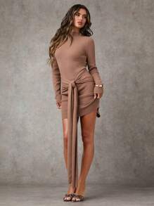 SHEIN BAE 女士纯色休闲系腰长袖连衣裙返校节连衣裙短款秋季女装冬季女装冬季女装秋季女式毛衣栗色连衣裙毛衣连衣裙女士毛衣连衣裙秋季女装秋季毛衣优雅女装连衣裙 - 卡其色 - 查看 3