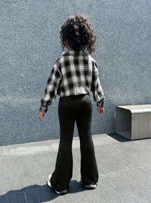 SHEIN Tween 女童休闲针织连体裤和格子纽扣衬衫 2 件套，母女配套服装（2 套单独出售） - 黑與白 - 查看 2