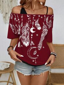 SHEIN LUNE 羽毛印花不對稱領口拼接2合1夏季假期T恤