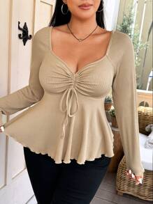 Vionelle Plus Size Diamond V-Neck Long Sleeve Drawstring T-Shirt - Apricot - View 4