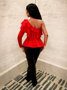 Zolique Blusa de un hombro con manga larga, detalles de volantes y unicolor, primavera y verano para mujeres - Rojo - Ver 2