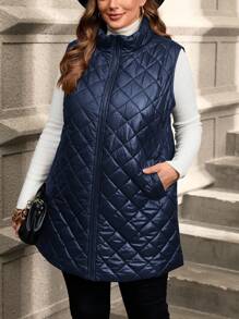 SHEIN Clasi Plus Size Front Zipper Long Sleeve Leopard Print Pocket Casual Padded Coat For Autumn And Winter Fall - Navy Blue - View 6