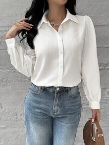 SHEIN Essnce 女士休闲时尚白色纯色泡泡袖休闲宽松衬衫长袖衬衫女衬衫亲子装衬衫工作女衬衫秋季衬衫文艺复兴衬衫商务休闲女衬衫秋季女装 - 白色 - 查看 9