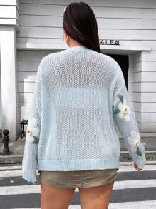 Flirla Áo len cardigan dài tay khoét lỗ họa tiết hoa cỡ lớn cho nữ, mùa thu/đông - Nhiều màu - Xem 9