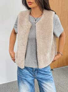 SHEIN EZwear Abrigo sin mangas esponjoso de color liso para damas
