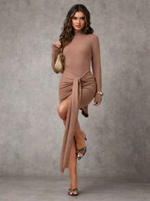 SHEIN BAE 女士纯色休闲系腰长袖连衣裙返校节连衣裙短款秋季女装冬季女装冬季女装秋季女式毛衣栗色连衣裙毛衣连衣裙女士毛衣连衣裙秋季女装秋季毛衣优雅女装连衣裙 - 卡其色 - 查看 1