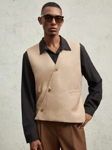 AKNOTIC Business Casual Men's Loose Fit Plaid Casual Open Front Waistcoat Vest, Apricot V-Neck, With Adjustable Waist Belt, For Fall Winter - Apricot - View 5