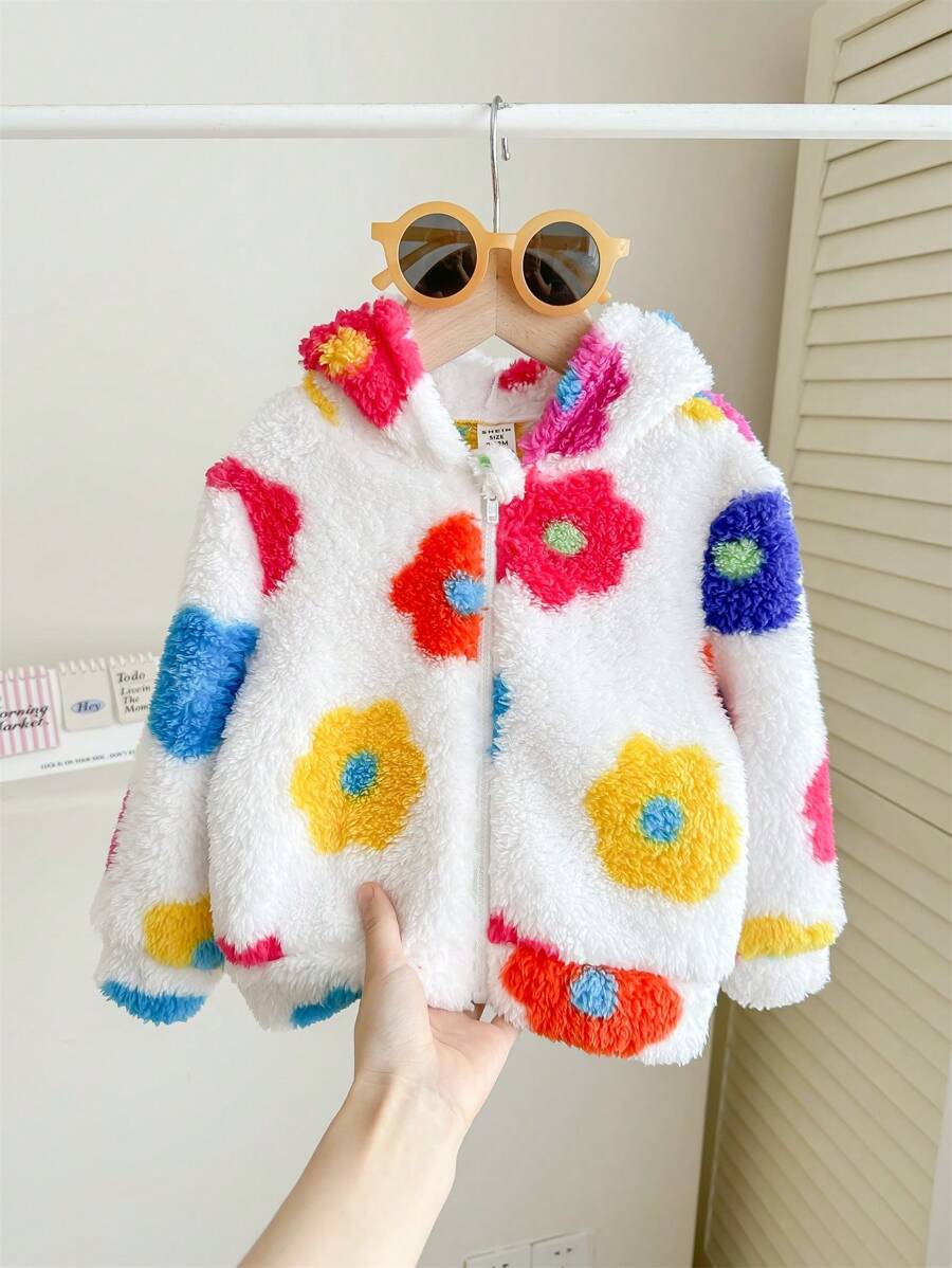 Baby Girl Cute & Versatile Fluffy Floral Print Hooded Jacket, Autumn/Winter