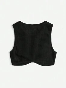 SHEIN EZwear Parte superior de verano, negra, de punto de gofre sólido y corta - Negro - Ver 2