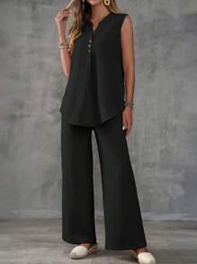 EMERY ROSE 2pcs/Set Women Sleeveless Textured Vest And Wide-Leg Button Front Pants Set - Black - View 4