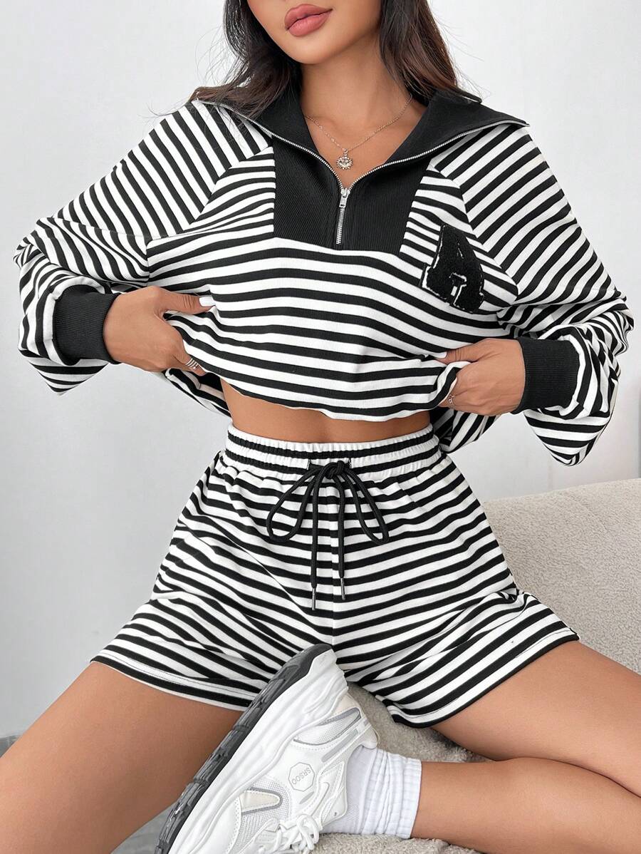 SHEIN EZwear 2 件女式条纹长袖运动衫和短裤套装 - 黑與白 - 查看 1