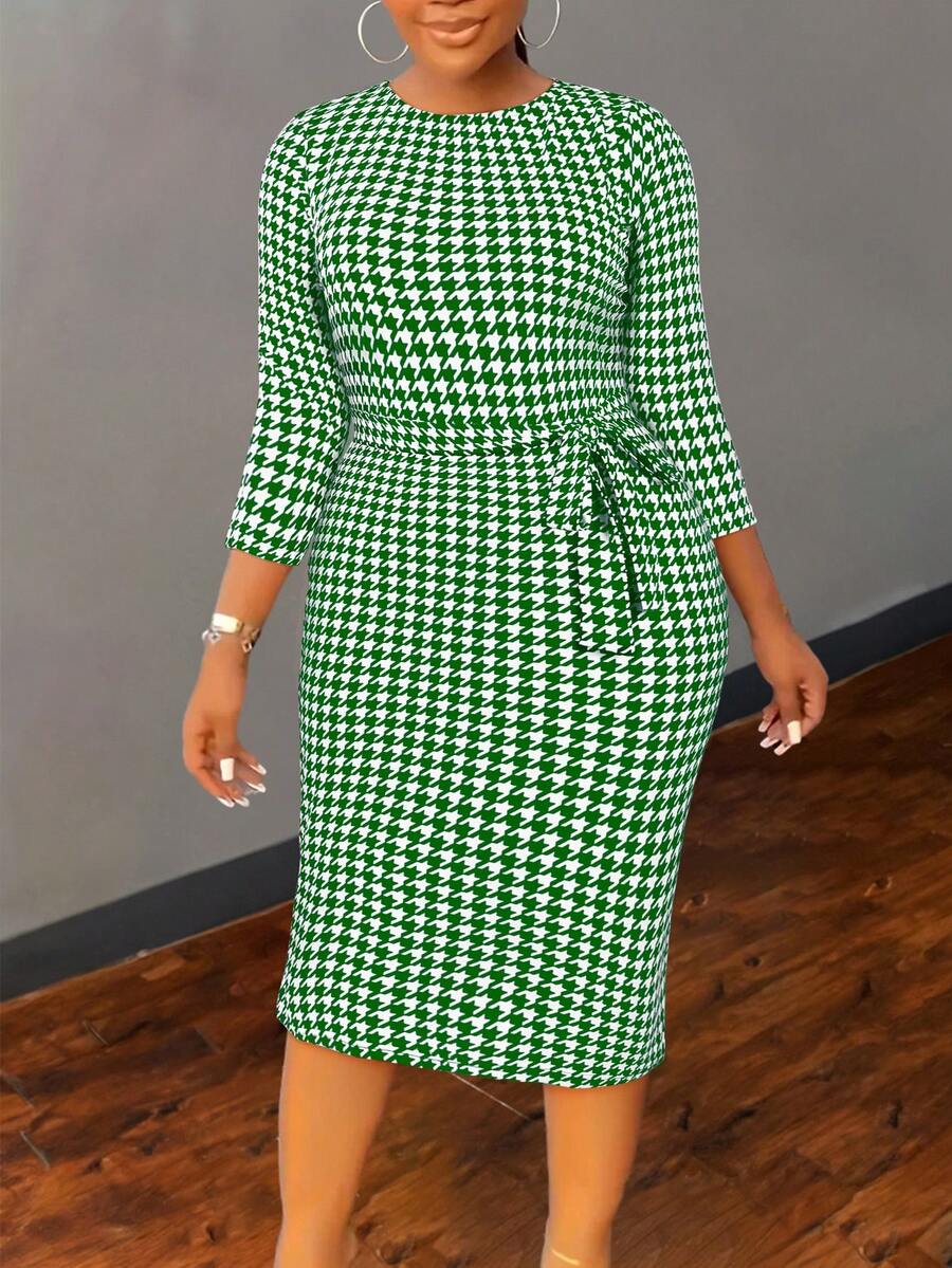 PlusSizeElegantHoundstoothPrintFittedMidiDress,Spring&Fall
