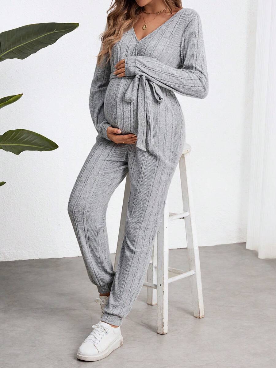 SHEIN Maternity Solid Color Minimalist Drawstring Long Sleeve Jumpsuit