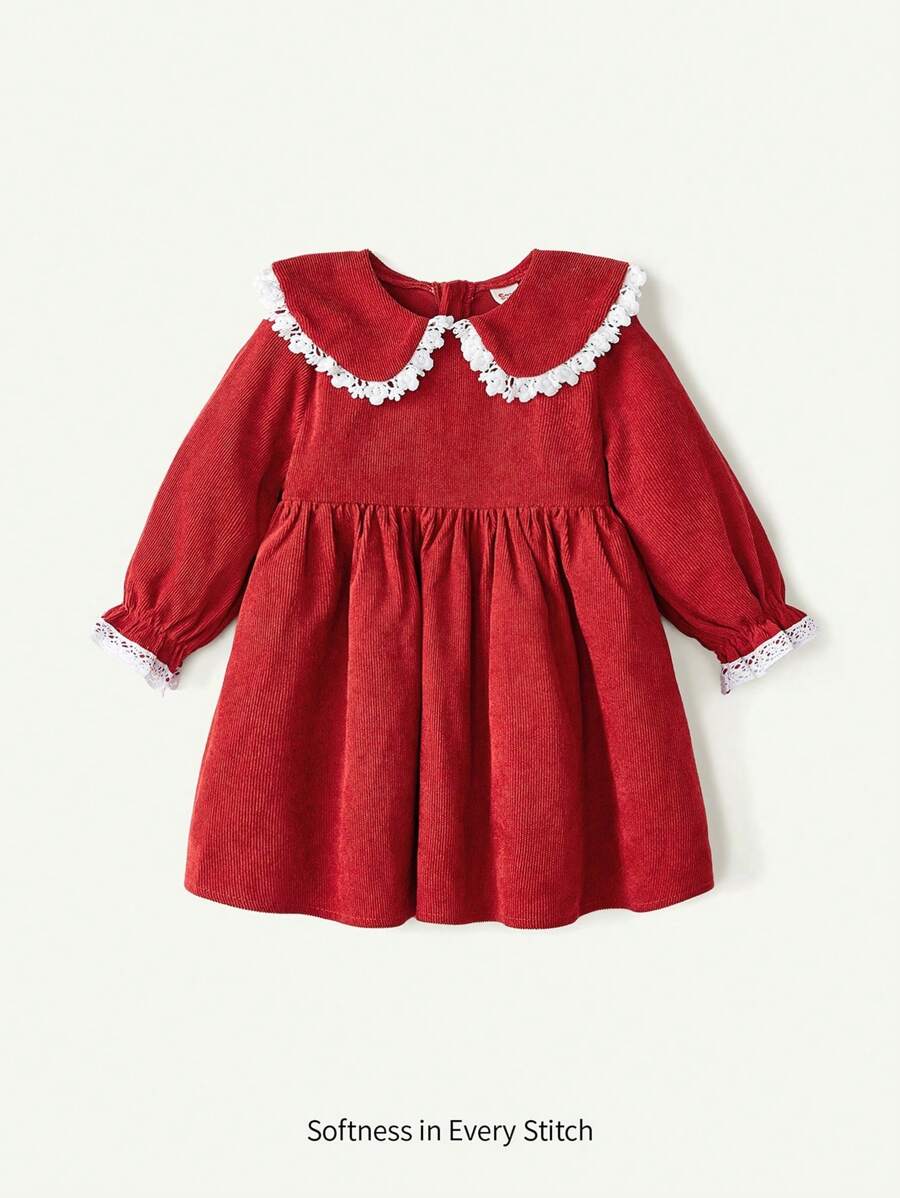 Cozy Pixies Baby Girl Ruffled Peter Pan Collar Lantern Sleeve Waisted Dress, For Christmas - Rust Brown - View 1