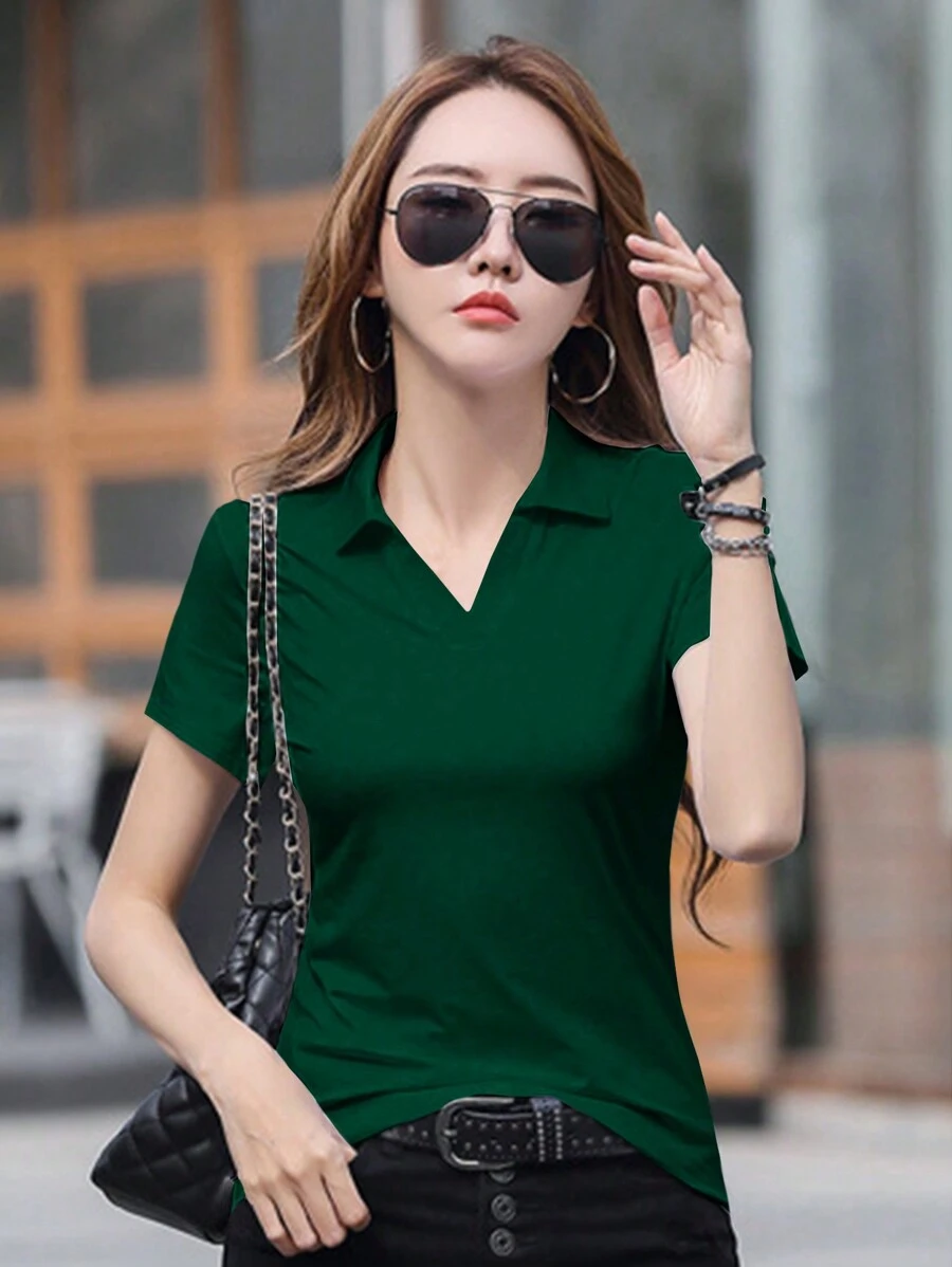 INAWLY Women's Solid Color Collared Short Sleeve Casual T-Shirt, Summer - Green - View 1