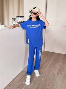 Tween Girl 休闲街头风格针织圆领短袖 T 恤和抽绳裤套装 - 寶藍色 - 查看 5
