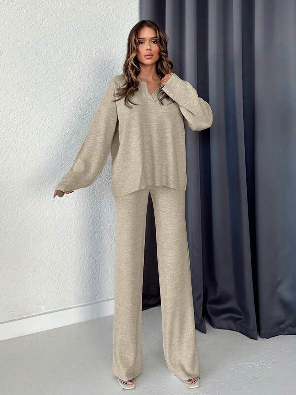 EURMUSE 2 Pieces Ladies Solid Color Long Sleeve Sweater And Pants Set