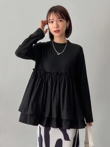 FRIFUL Áo thun nữ dáng chữ A vải chắp vá, áo dài tay nhún bèo cho nữ - màu đen - Xem 4