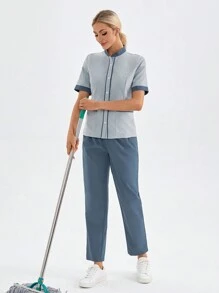 TaskEZ Set de 2 piezas de uniforme quirúrgico con cuello alto de un solo abotonadura, bolsillos y pantalones en colores contrastantes