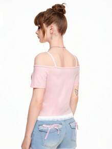 ROMWE Goth Women Off Shoulder Backless Short Sleeve Floral Lace Trim Sweet T-Shirt